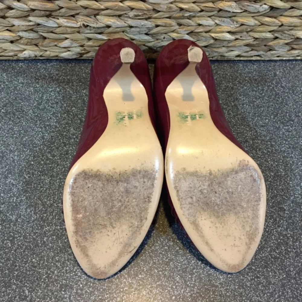 Salvatore Ferragamo Burgundy Patent Peep-Toe Heels with Gold Accent